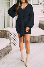 Cross V-neck Long-sleeved Lace-up Solid Color Knitted Sweater Dress