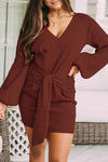 Cross V-neck Long-sleeved Lace-up Solid Color Knitted Sweater Dress