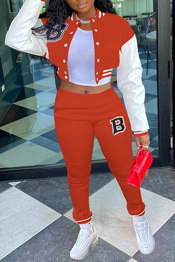 Letter Print Color Matching Baseball Uniform Casual Pants Two-piece Sports Suit