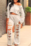 Loose Casual Ripped Long-sleeved Two-piece Pants Suit
