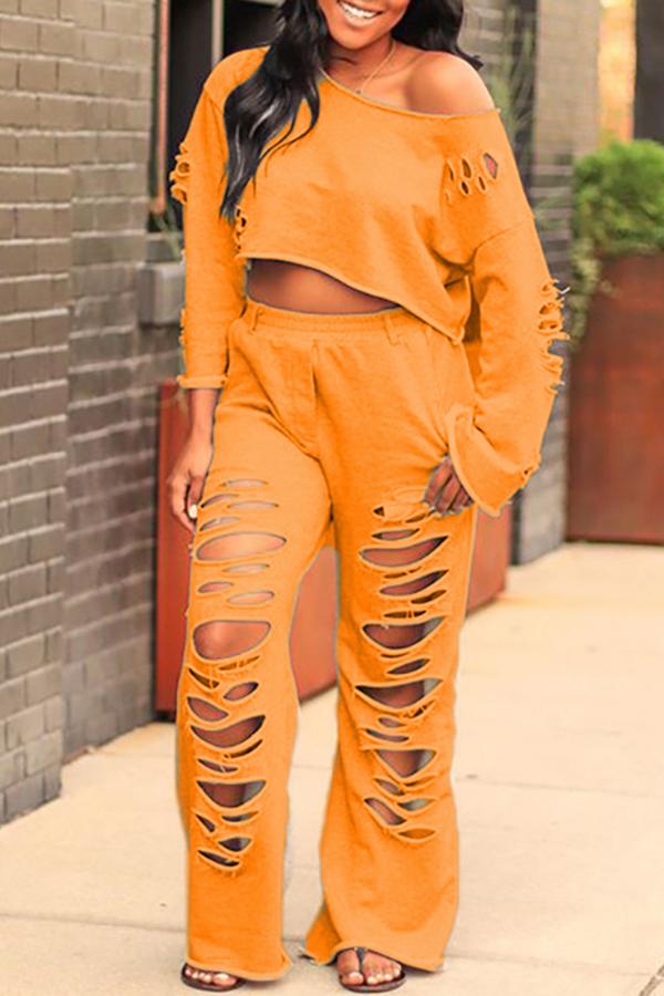 Loose Casual Ripped Long-sleeved Two-piece Pants Suit