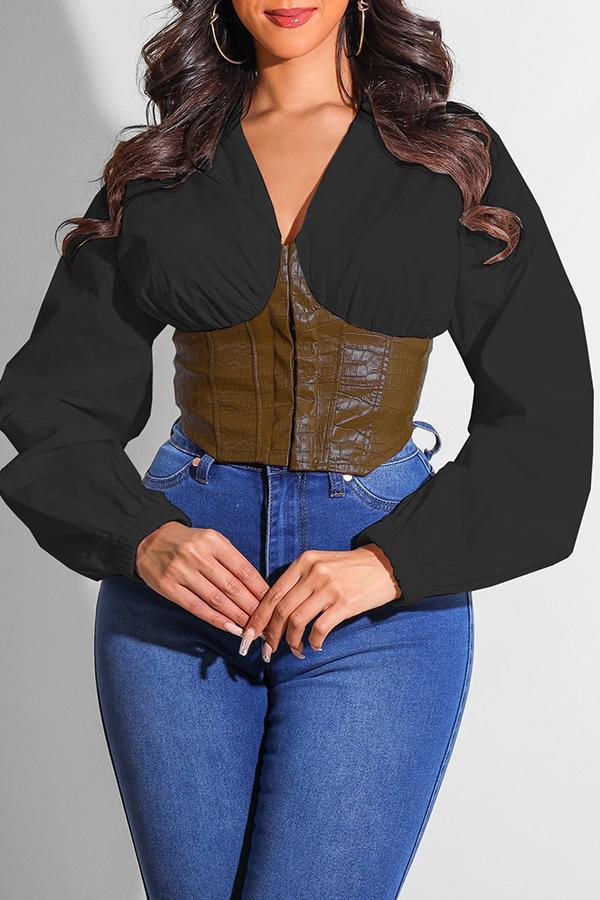 Fashion Lapel Sexy Leather Stitching Zipper Cardigan Long Sleeve Shirt