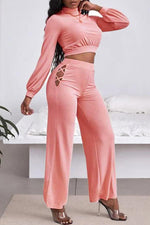 Solid Color Casual Hollow Cross Bandage Wide Leg Two-piece Suit