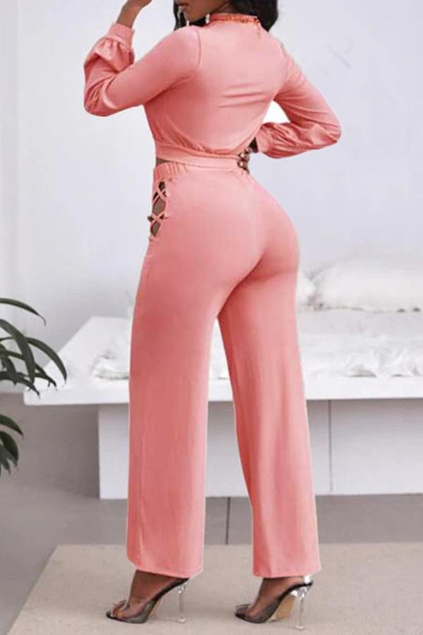 Solid Color Casual Hollow Cross Bandage Wide Leg Two-piece Suit