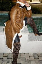 Fleece Lapel Zipper Irregular Leather Jacket Plus Size
