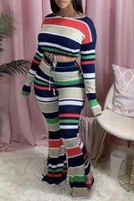 Fashion Rainbow Striped Long Sleeve T-Shirt Wide Leg Pants Two-Piece Set