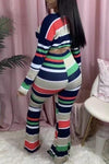 Fashion Rainbow Striped Long Sleeve T-Shirt Wide Leg Pants Two-Piece Set