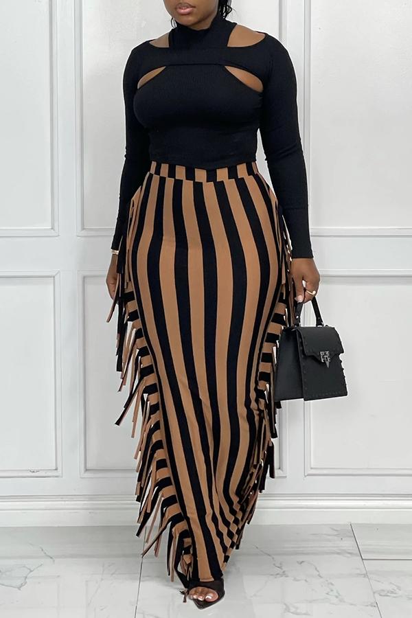 Fashion Fringe Stitching Striped Long Skirt