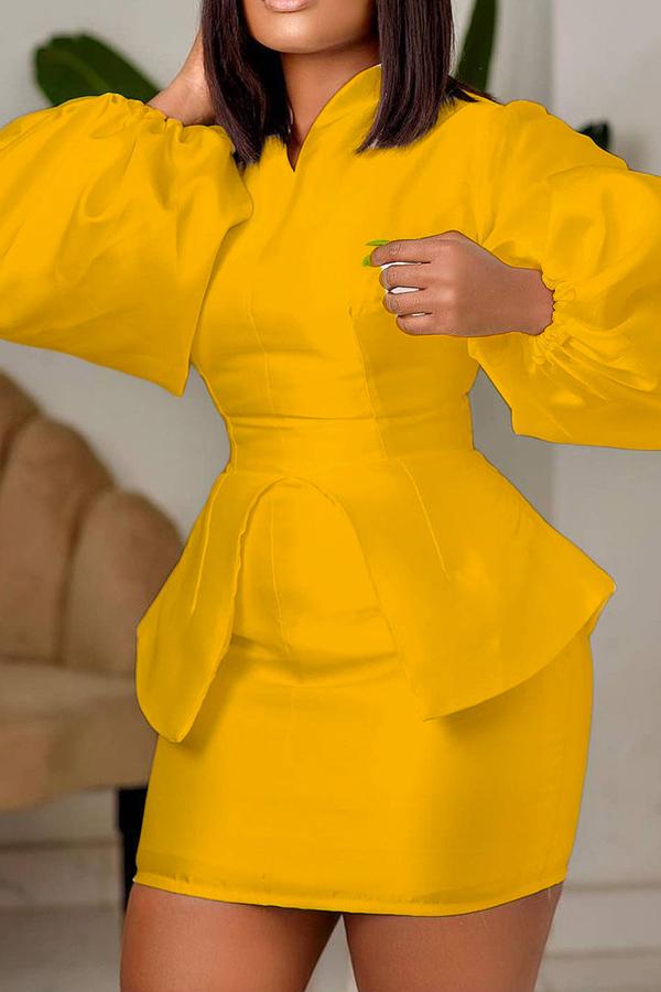 Pure Color Puff Sleeve Elegant Two-piece Dress Suit