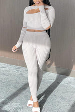 Long Sleeve Knit Strip Slim Cutout Two-piece Pants Suit
