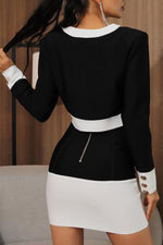 Fashion Colorblock Button Long Sleeve Two-piece Dress Suit