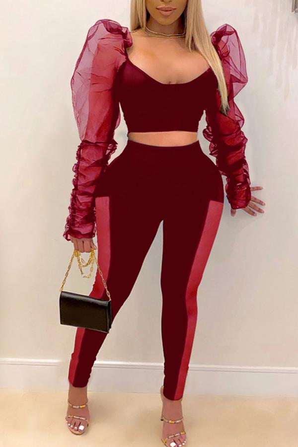 Mesh Stitching Puff Sleeve Two-piece Pants Suit