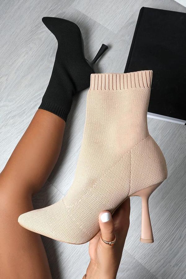 Fashion Pointed Mid-tube Knitted High-heel Boots