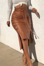 Irregular Slits Slim Mid-length Leather Skirt