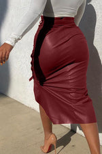 Irregular Slits Slim Mid-length Leather Skirt