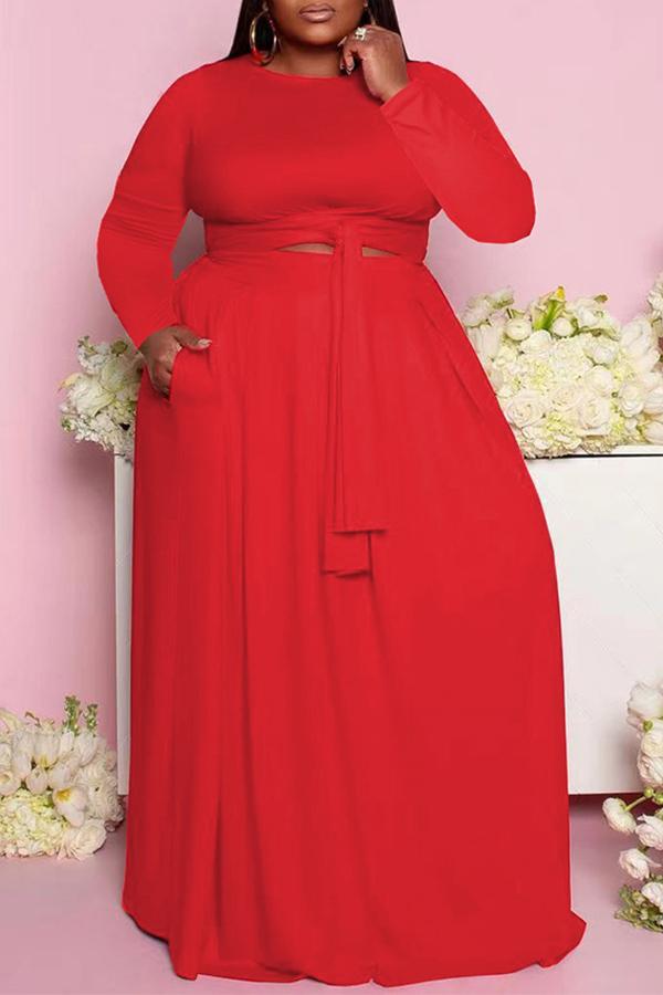 Pure Color Round Neck Knotted Commuter Two-piece Plus Size Dress