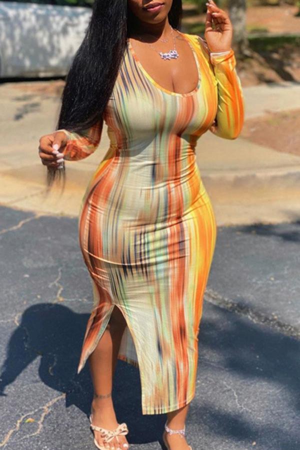 Fashion Multicolor Printed Split Long Sleeve Dress