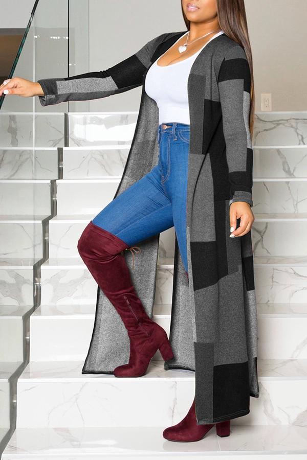 Colorblock Printed Knitted Slit Long Trench Coat