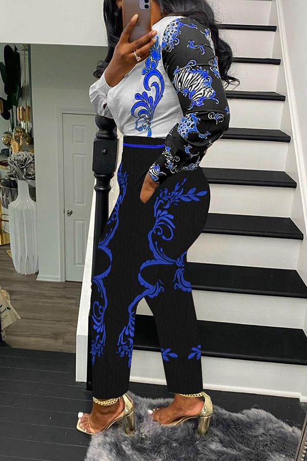 Fashion Casual Printed Long-sleeved Shirt Trousers Two-piece Suit