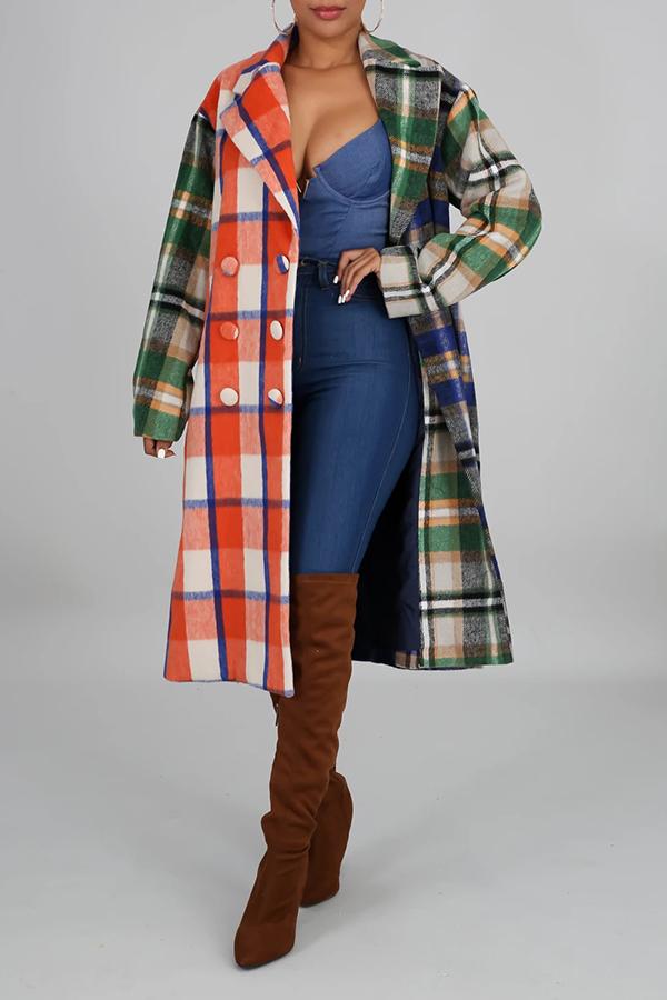 Fashion Temperament Color Matching Plaid Woolen Midi Coat