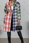Fashion Temperament Color Matching Plaid Woolen Midi Coat