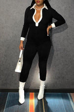 Fashion Color Matching Lapel Sexy Skinny Jumpsuit
