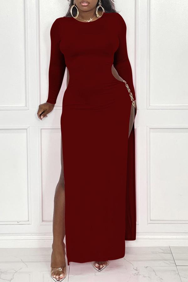 Solid Color Round Neck Sexy Split Maxi Dress