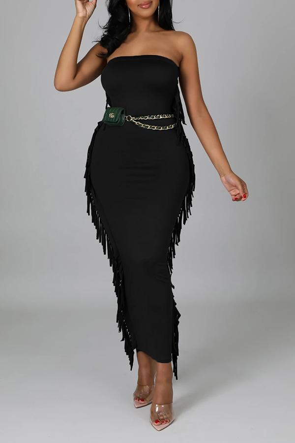 Fringe Stitching Wrapped Chest Solid Color Maxi Dress