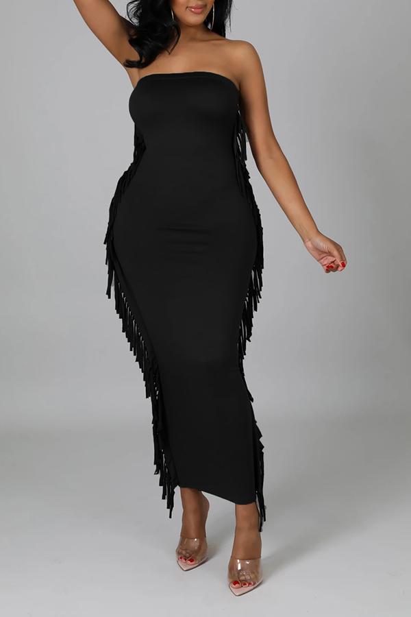 Fringe Stitching Wrapped Chest Solid Color Maxi Dress