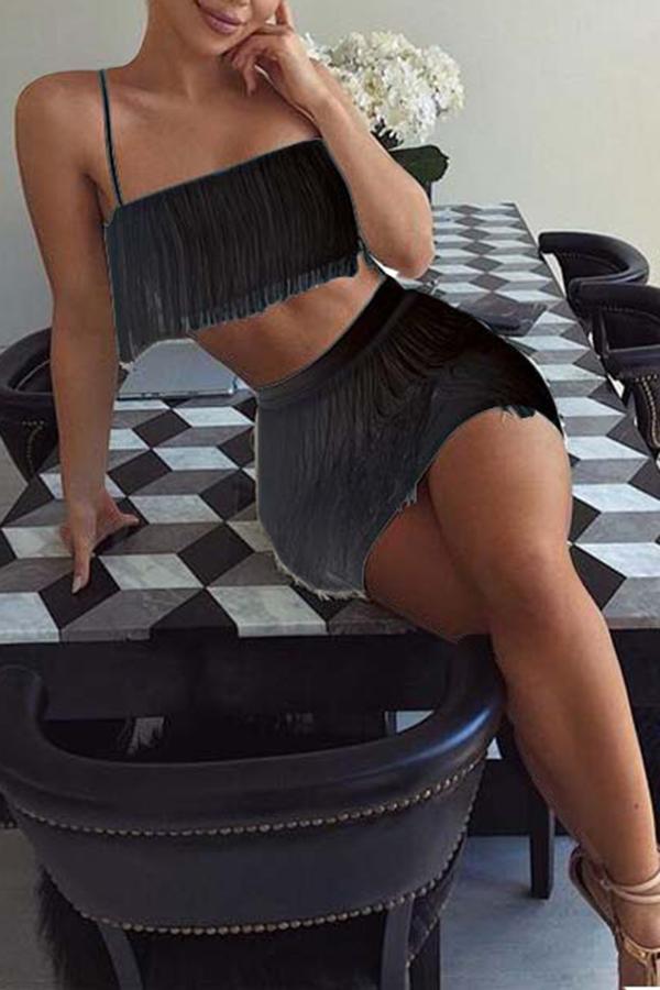 Sexy Sling Wrapped Hip Skirt Fringe Dress Set