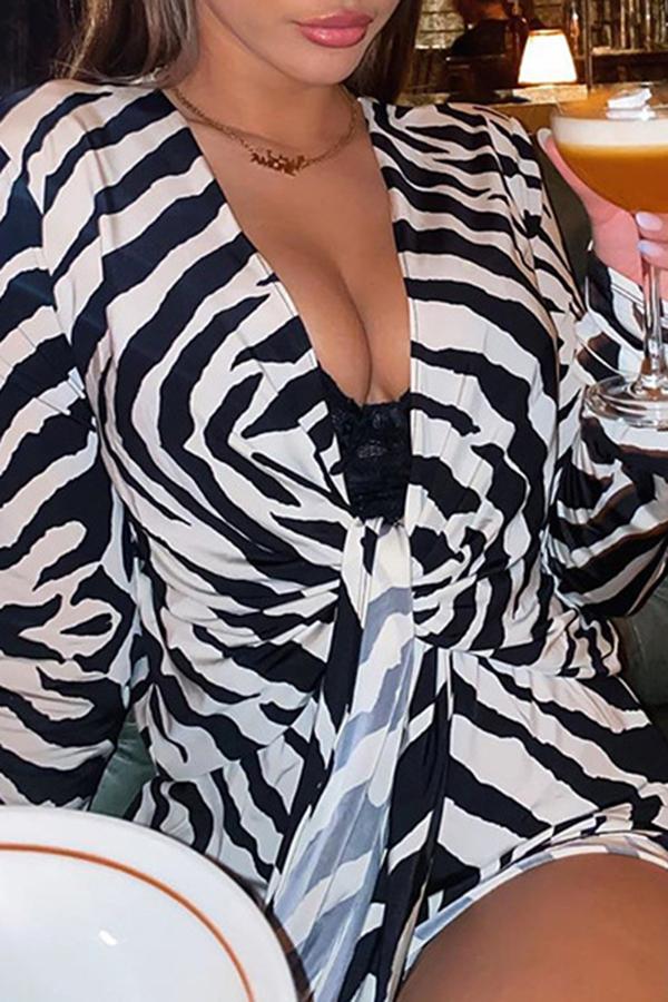 Zebra Print Knotted Deep V Long Sleeve Dress