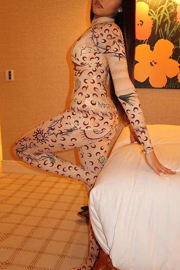 Fashion Printed Slim Long-sleeved T-shirt High-waisted Tights Two-piece Suit