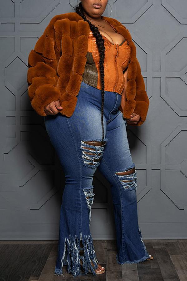 Plus Size Fashion High-rise Ripped Fringed Flared Jeans