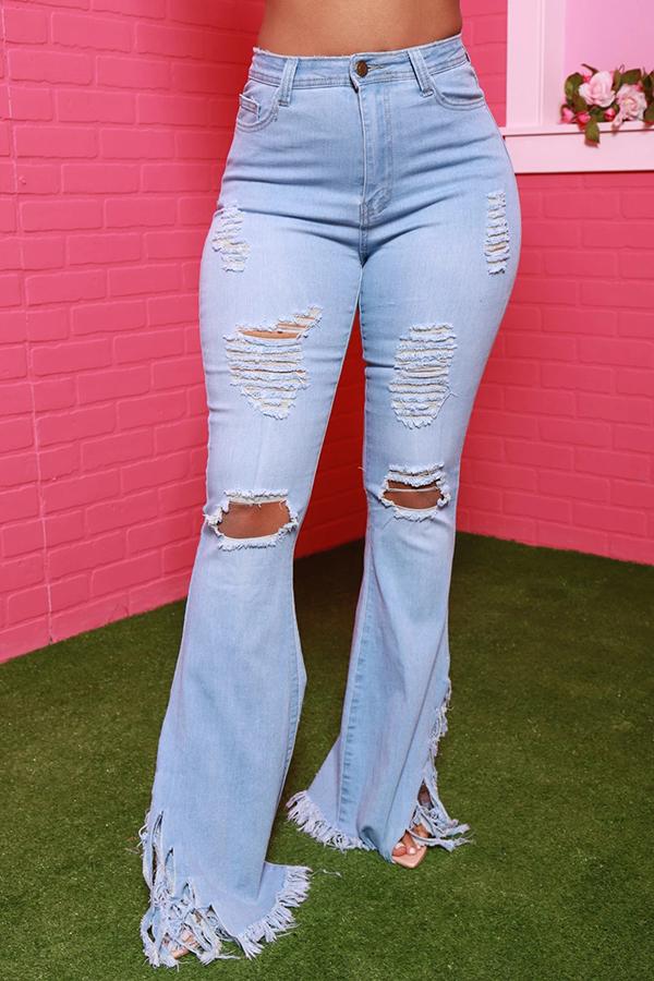 Fashion High-rise Ripped Fringed Flared Jeans
