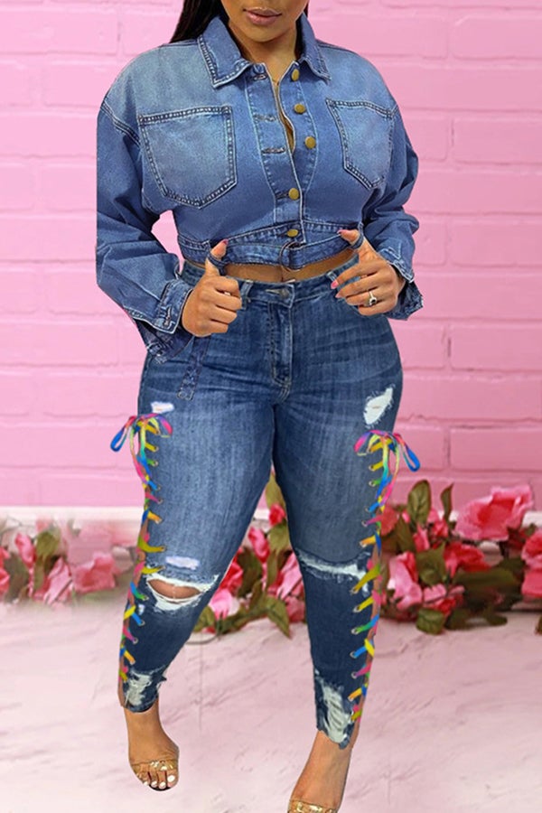 Fashion Plus Size Lace Up Casual Ripped Jeans