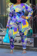 Multicolor Printed Long Sleeve Plus Size Two Piece Set
