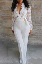 V-neck Lace Panel Solid Color High Waist Straight Jumpsuit