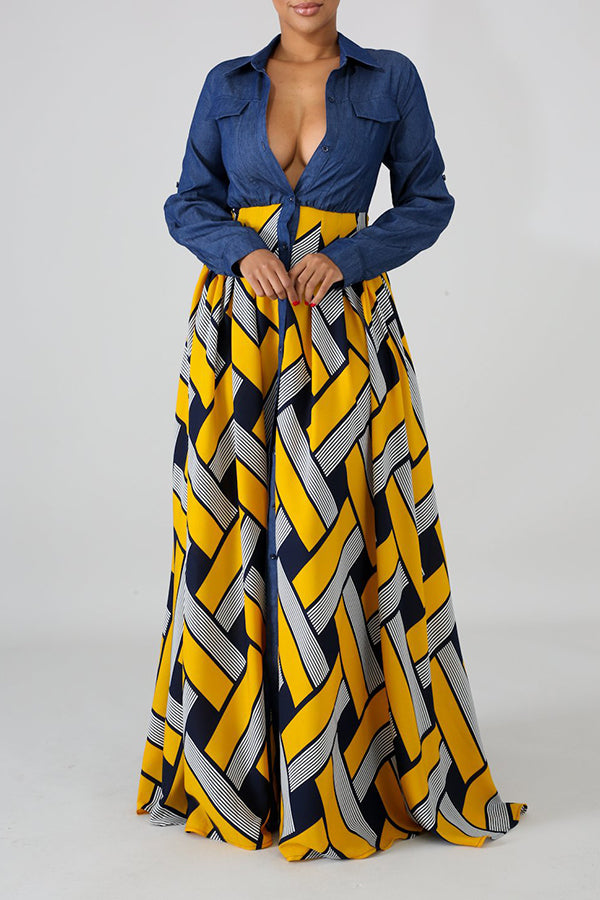 Sleek Denim Patchwork Woven Geometric Print Swing Dress