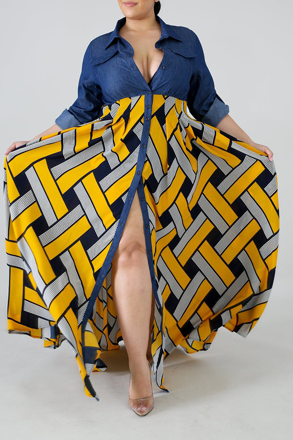 Sleek Denim Patchwork Woven Geometric Print Swing Dress