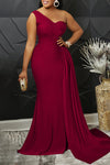Fashion Solid Color One Shoulder High Waist Draped Party Long Gown Dress