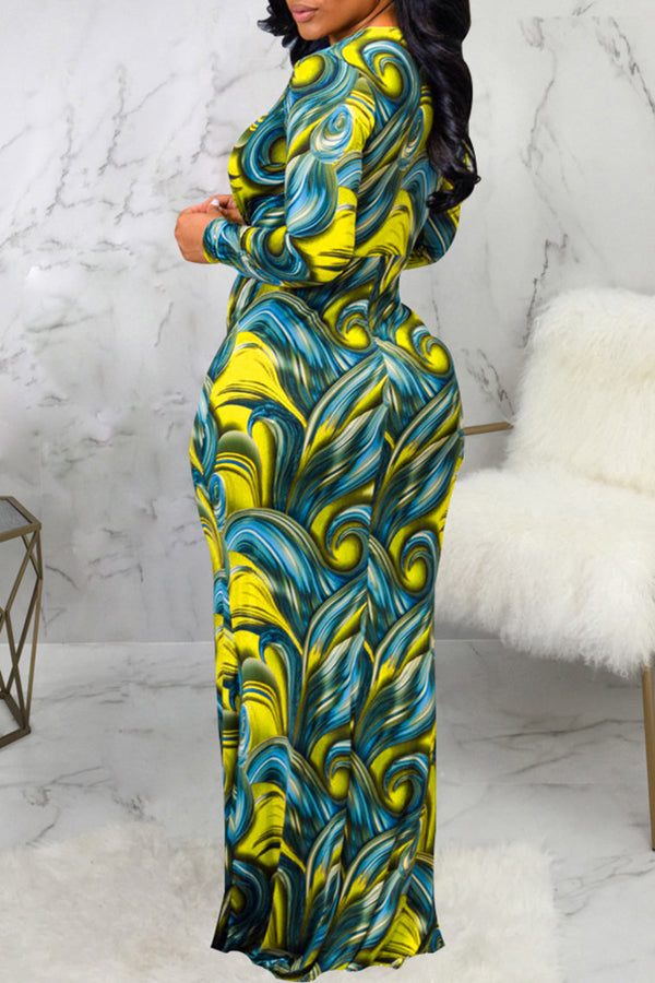 Fashion Print V-Neck Long Sleeve Draped Maxi Dress
