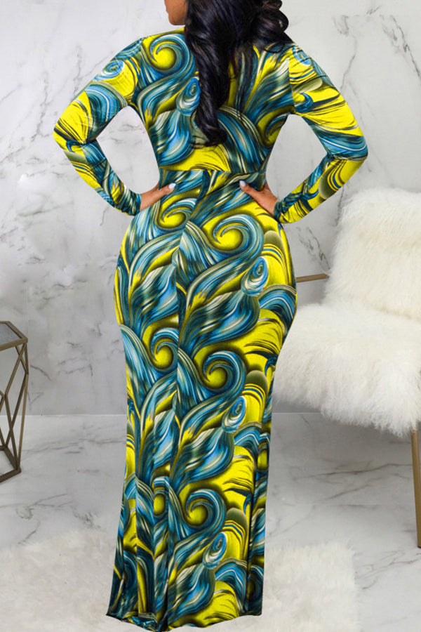 Fashion Print V-Neck Long Sleeve Draped Maxi Dress