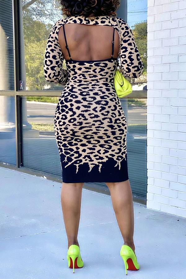 Leopard Print Long Sleeve Shawl Skinny Knitted Plus Size Dress