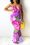 Sexy Floral Print Slim Suspender Maxi Dress