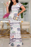 Fashion Dollar Print Short Sleeve Maxi Dress