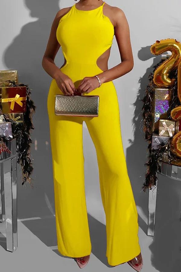  Sexy Solid Color Backless Strap Wide Leg Jumpsuit