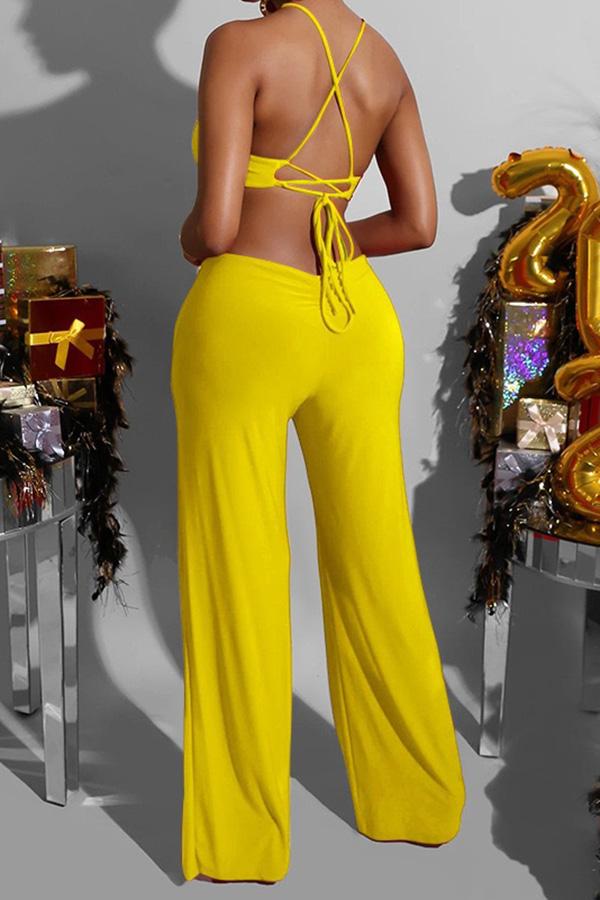 Sexy Solid Color Backless Strap Wide Leg Jumpsuit
