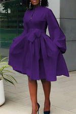 Elegant Solid Color Lantern Sleeve Lace Up Midi Dresses