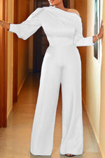  Elegant Solid Color Diagonal Shoulder Long Sleeved Jumpsuit