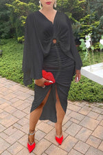  Fashion V-neck Batwing Sleeve Drawstring Midi Dress